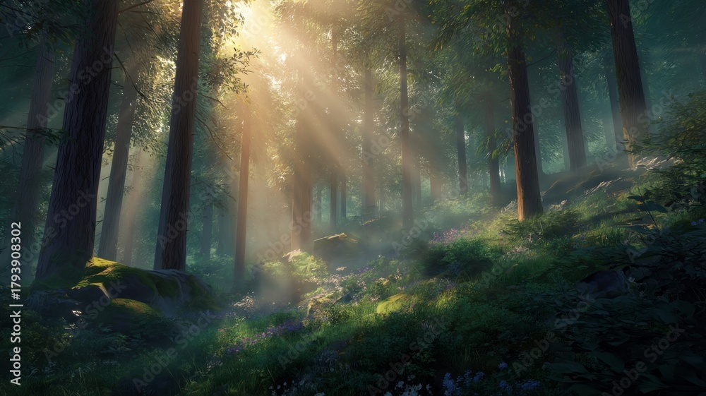 Obraz premium Sunlight through dense forest canopy. AI generated