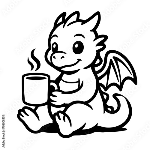 baby dragon sitting with its tail wrapped around a coffee mug, relaxed expression