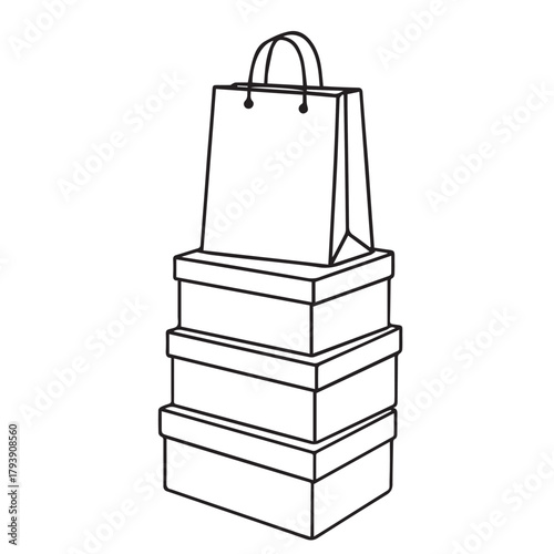 A clean black and white vector composition of three piled cardboard boxes and a classic shopping bag, perfectly reflecting a calm holiday shopping atmosphere in a simple graphic style.