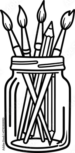 Simple black and white line art icon depicting a collection of paintbrushes and pencils stored in a mason jar, representing creativity, art, drawing, or hobby supplies.
