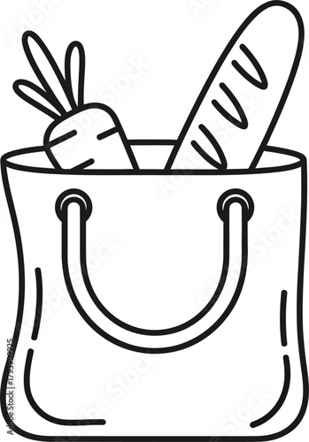 Line art icon showing a reusable shopping tote bag filled with groceries, specifically a baguette (bread) and carrots, symbolizing shopping, healthy food, or fresh produce.
