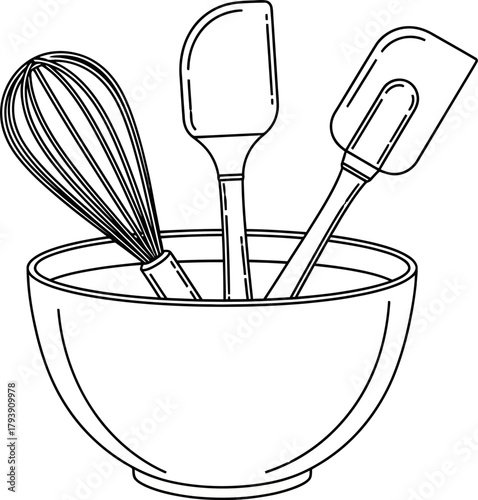 Simple line art icon of baking and cooking tools, including a wire whisk and spatulas, resting inside a deep mixing bowl, ideal for culinary, recipe, or kitchen themes.
