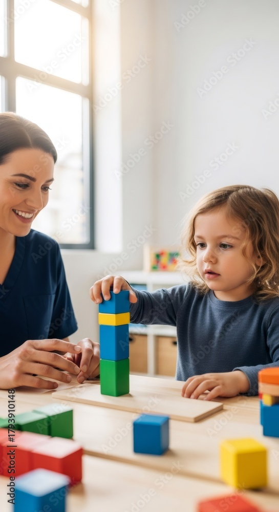Fototapeta premium Smiling woman doctor watching little boy child patient building toy blocks. Pediatric ophthalmology, creative diagnostic examination.
