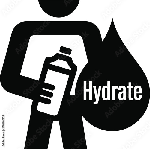 Person holding water bottle with hydrate symbol