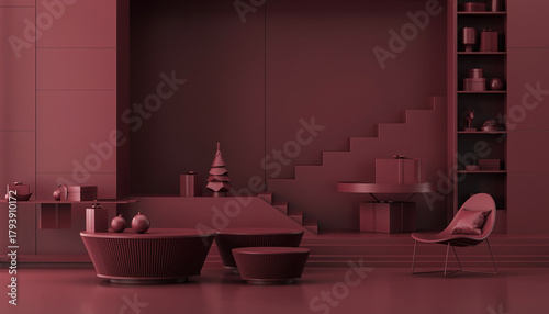 Modern 3D Christmas Room in Deep Red Color Palette