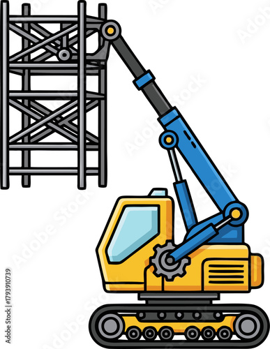 Heavy duty construction crane lifting a large metal structure for building development.