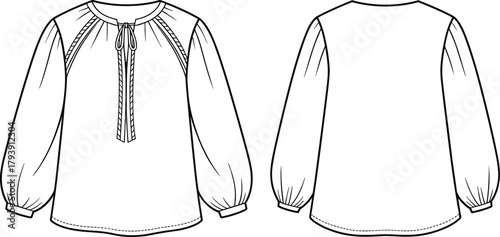 Long sleeve blouse technical flat sketch, front and back view, fashion CAD drawing, apparel design vector template, clothing illustration design