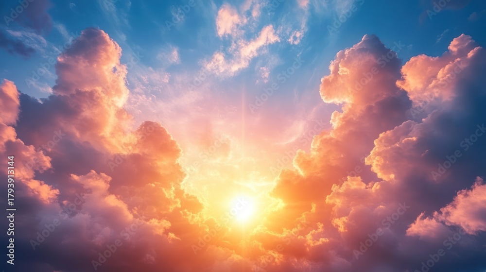 Fototapeta premium Dramatic sunset sky, vibrant clouds, breathtaking view