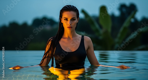 Photorealistic cinematic statuesque woman infinity pool dusk minimal swimsuit 8K