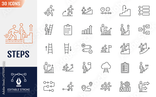 Steps line editable icon set. Containing icons: stairs, footprint, progress, step by step, roadmap, process, walk and more. Vector illustration