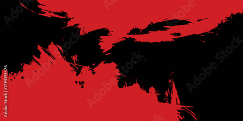 Bold red abstract splatter pattern over a deep black background, creating a dramatic grunge texture with rough, expressive brush-like strokes.