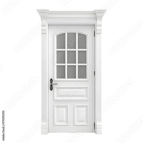 Elegant white door with glass window and ornate frame.