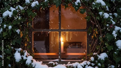 warm glowing room features bright window view with gentle snowfall creating cozy winter atmosphere
Seamless looping, virtual video animation background. Generated AI