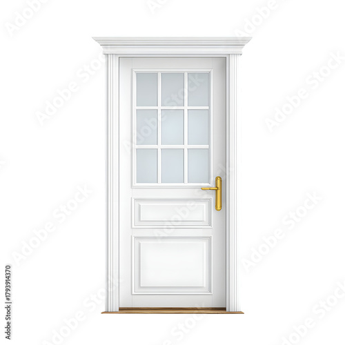 White paneled door with glass upper section and gold handle.