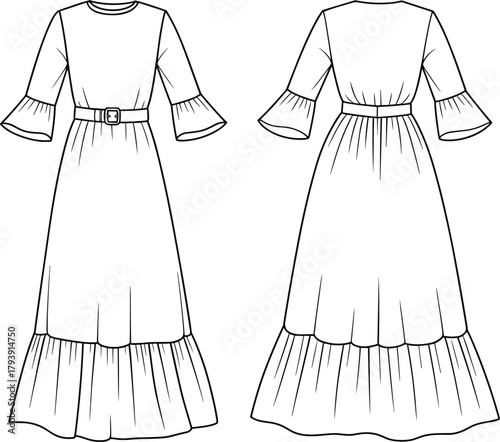 Long sleeve tiered maxi dress flat sketch, fashion CAD drawing with belt, ruffle cuffs, elegant women apparel design vector illustration