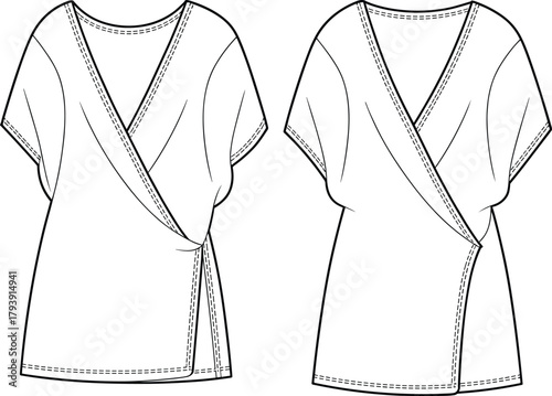 Modern women's wrap top fashion flat sketch, short sleeve blouse technical drawing, stylish crossover tunic design template, apparel vector illustration, CAD drawing flat vector illustration