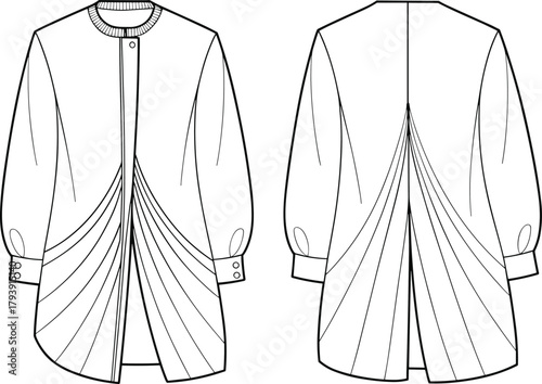 Pleated long sleeve tunic shirt flat sketch, fashion CAD drawing with cuff detail, asymmetrical hem, modern women apparel vector illustration