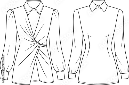 Fashion blouse technical flat sketch with front twist drape and classic collar long sleeve shirt detailed vector illustration for design, sewing, apparel