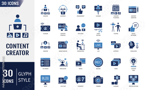 Content creator solid icon set. Containing icons: Video editing, content strategy, youtuber, blogger, monetization, podcast, live streaming and more. Vector illustration