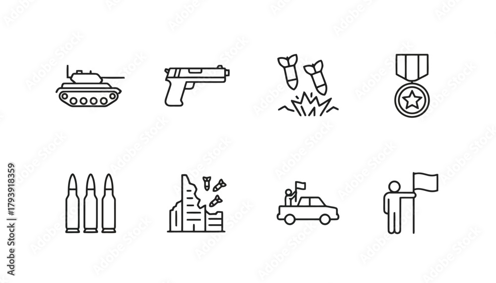 Fototapeta premium War and Military Outline Icons with Tank, Medal, Bombs
