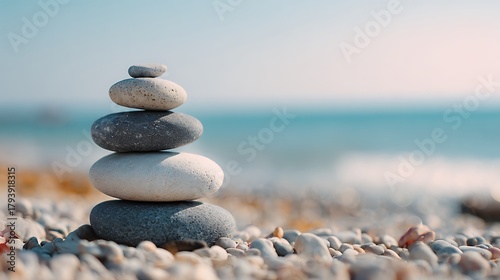 Stacked stones on pebble beach with ocean background, zen balanced rocks