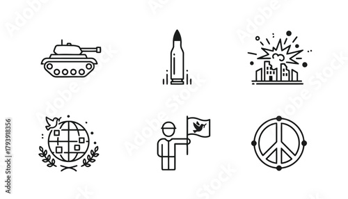 War and Peace Line Icons: Conflict, Harmony, Global Resolution Symbols