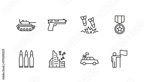 War and Military Outline Icons with Tank, Medal, Bombs