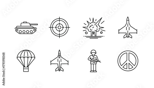 Modern War and Peace Outline Icons for Military Concepts