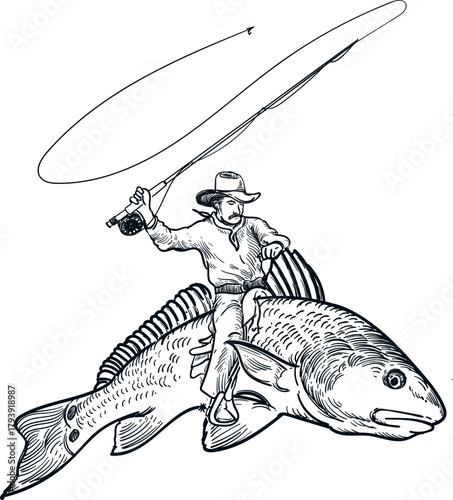 Vintage hand drawn sketch of cowboy on red drum fish hold fishing gear