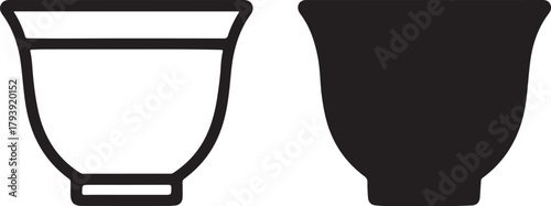 Outline and solid fill icons of traditional arabic coffee cups, finjan demitasse, symbolizing culture, beverage, and hospitality design element isolated on white background, Vector, illustration