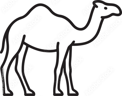Camel icon depicting a dromedary desert animal, a minimalist black outline drawing standing sideways, ideal for web, print, and branding. isolated on white background, Vector, illustration