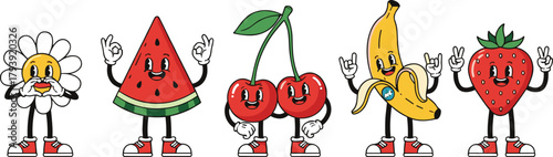 Cartoon daisy flower, watermelon slice, cherries, banana, strawberry characters, cute anthropomorphic fruits, smiling faces, red sneakers, healthy eating concept illustration