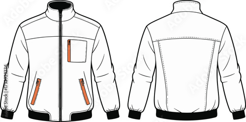Front and back technical drawing of fashionable men's jacket, casual outerwear design, vector illustration, zipper pocket details, clothing template, apparel mockup