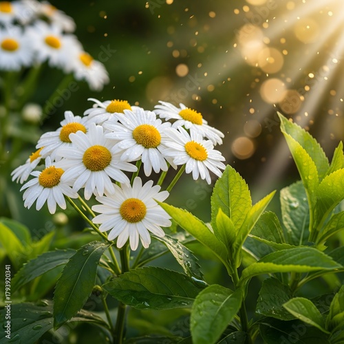 A beautiful cluster of white daisies blooming in a lush green garden, illuminated by warm golden sunbeams and sparkling light