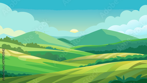 Bright vector landscape of rolling green hills, mountains, and farm fields under a blue, cloudy sky. Cartoon illustration of a spring or summer rural scene. Perfect for children's media and nature the