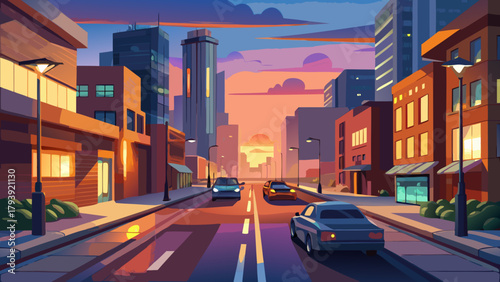 Vibrant city street scene at sunset or sunrise. Cartoon illustration of a downtown avenue lined with buildings and vehicles, rendered in a flat, colorful style with a warm glow. Perfect for games and 