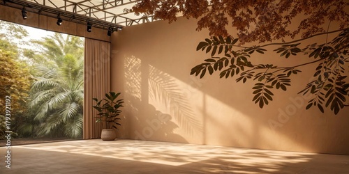 Serene Indoor Space with Plant Shadow and Earthy Wall Texture