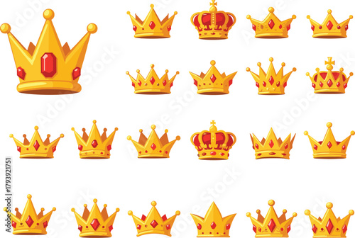 Cartoon golden crowns collection, royal crown set, luxury king queen tiara, decorative crown icons, monarchy symbols, vector illustration design