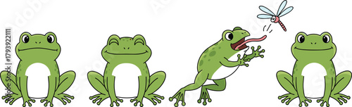 Cartoon green frogs sitting, smiling, leaping, catching dragonfly, playful amphibians illustration, cute animal artwork, nature wildlife vector design