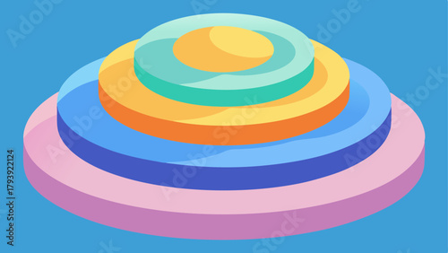 3D stack of vibrant, pastel-colored circles or cylinders forming a pedestal or tiered podium. Minimalist vector illustration representing data hierarchy, ranking, layers, growth stages, presentation, 