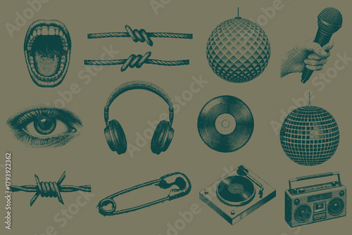 Colorful Vintage Halftone music elements for creative design. Grunge punk dotted Vinyl Record, Microphone, Safety Pin, Disco Ball, Eye, Mouth, Headphone, Wire for collage design. Retro vector.