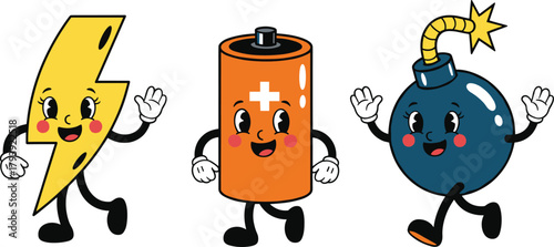Cartoon lightning bolt, happy battery, smiling bomb character, cute electricity icons, cheerful energy mascot illustration, playful power concept vector art