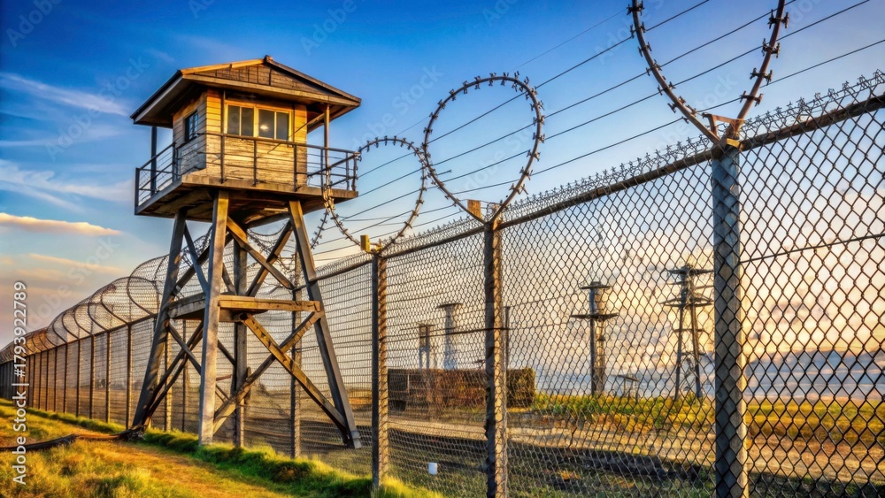 Fototapeta premium Rustic Guard Tower with Barbed Wire Fence at Dusk in Prison Setting