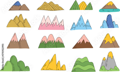 Cartoon mountain illustration, colorful landscape design, stylized peaks artwork, snow capped hills drawing, fantasy nature clipart, decorative scenery vector, abstract terrain art