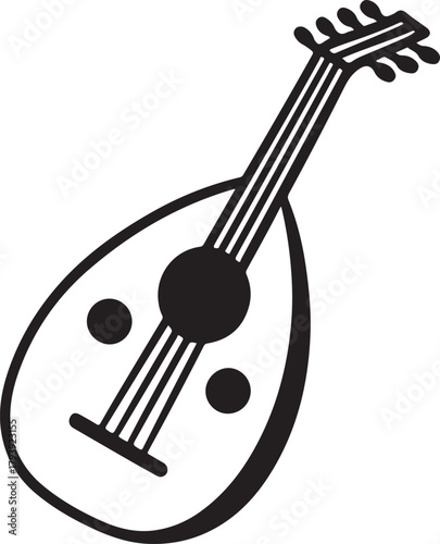 Stylized black and white icon of an oud, a traditional middle eastern stringed musical instrument, isolated on a clean white background for design isolated on white background, Vector, illustration