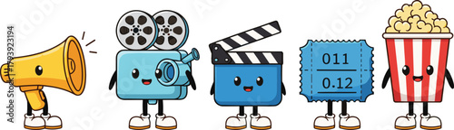 Cartoon movie camera, clapperboard, megaphone, popcorn, cinema ticket, fun film industry icons, entertainment illustration, animated filmmaking elements, vector art