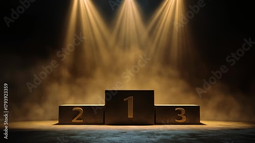 Three-tier winners' podium centered on a smoky stage, bathed in warm golden spotlights. Regal glow!!
