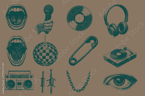 Trendy Photocopy effect music elements Mouth, Headphone, Vinyl Record, Microphone, Safety Pin, Disco Ball, Eye, Wire vector illustration. Eps 10