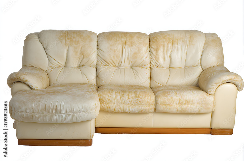 Naklejka premium Dirty white sectional sofa with light brown stains on white background.