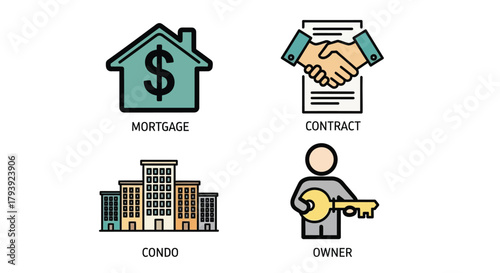 Vector illustration of real estate icons mortgage, contract, condo, owner